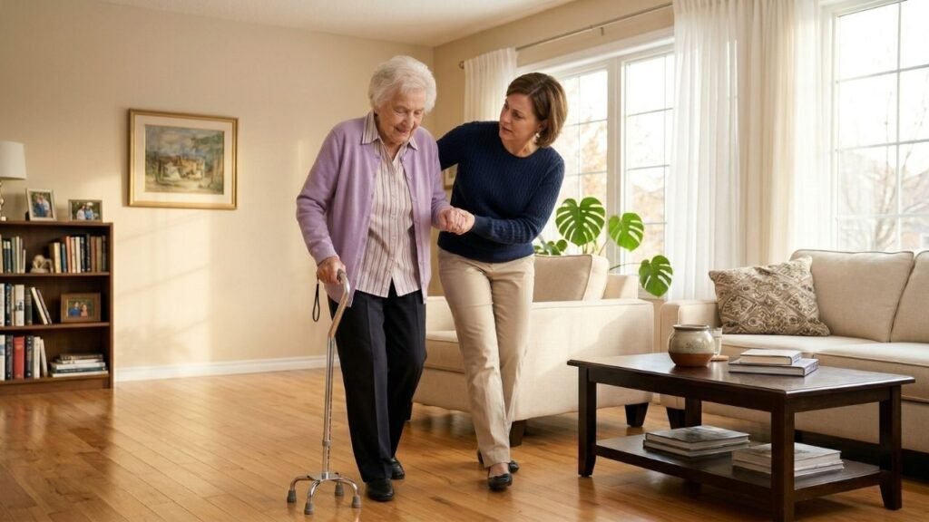 Caregiver back pain while assisting an elderly person at home
