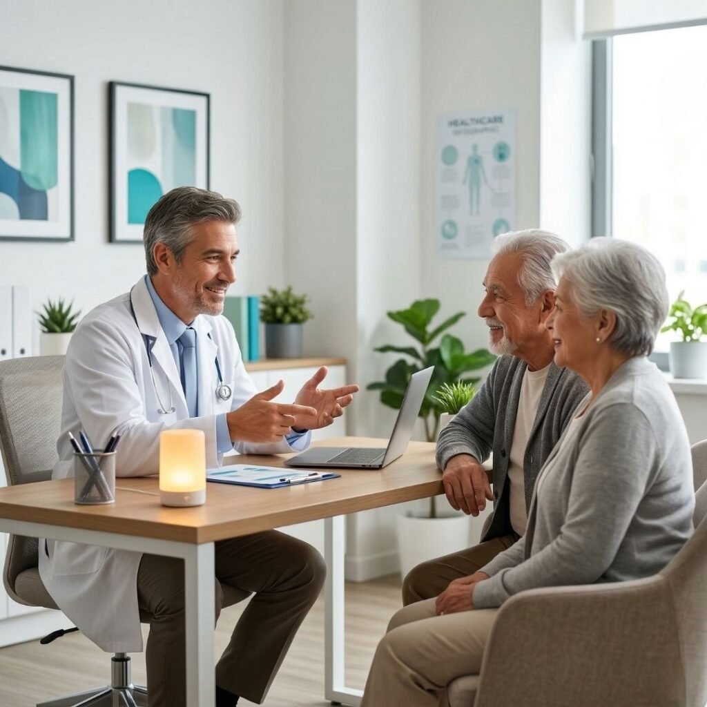 Doctor discussing motion sensor night light options with elderly patient