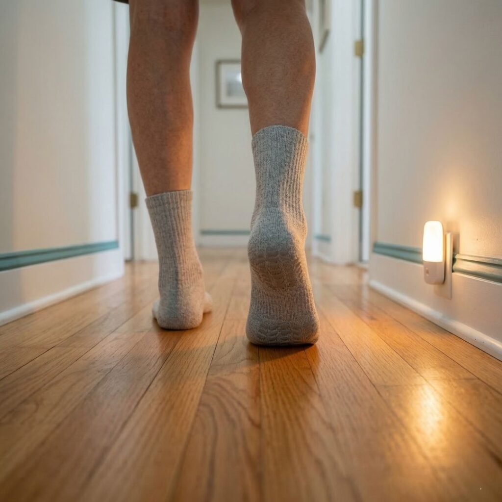 Elderly person walking safely in hallway illuminated by motion sensor night light 