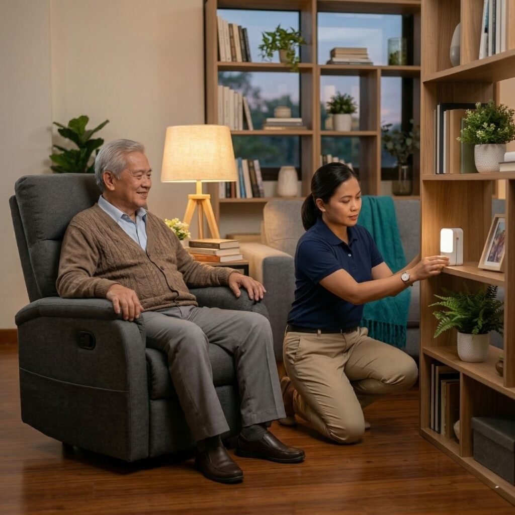 Caregiver setting up motion sensor night light for elderly man in living room