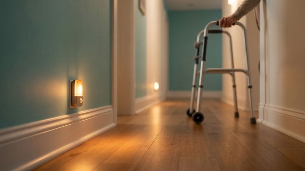 Motion sensor night light for elderly adults illuminating a hallway at night to provide safe path lighting. 