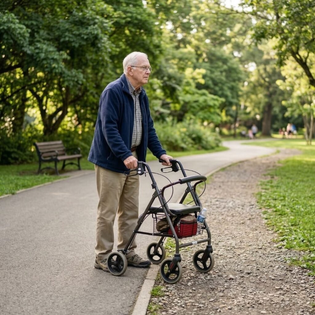 Elderly man with rollator assessing a park path that transitions from pavement to gravel 
