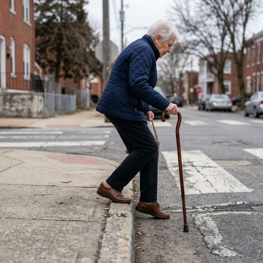 Senior woman using a cane to step down a concrete curb safely 