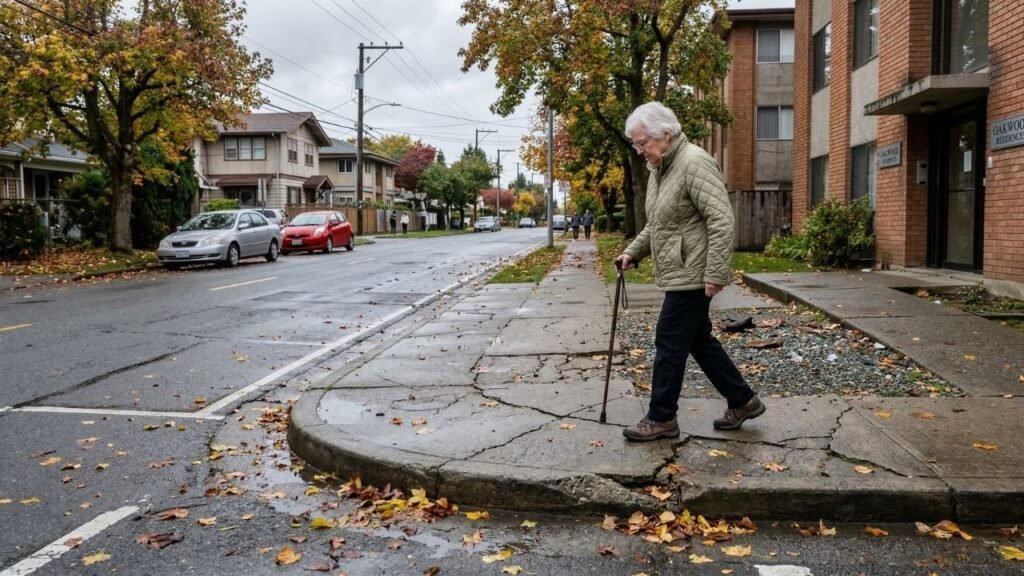 Outdoor mobility challenges for seniors — elderly woman approaching a curb on a cracked wet sidewalk with gravel and fallen leaves 
