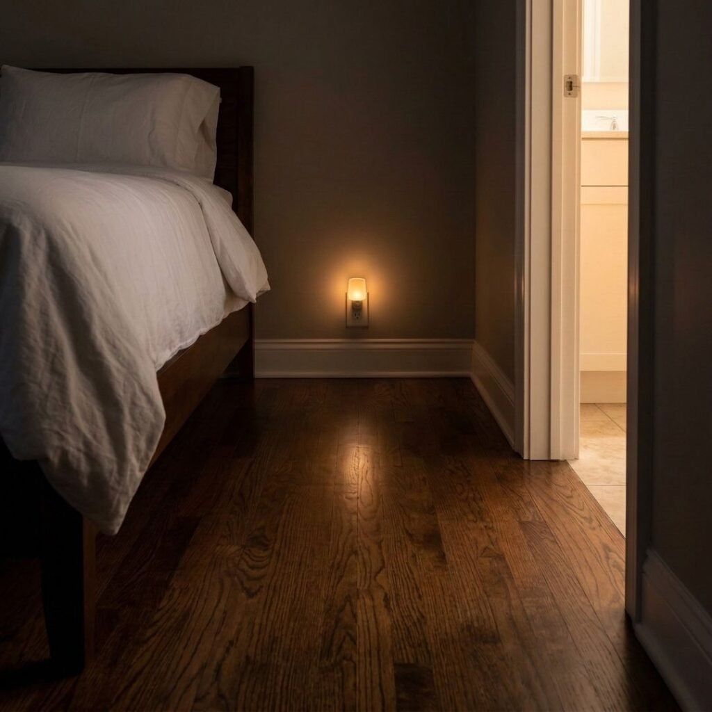 Clear nighttime walking path from bed to bathroom with a nightlight illuminating the way 