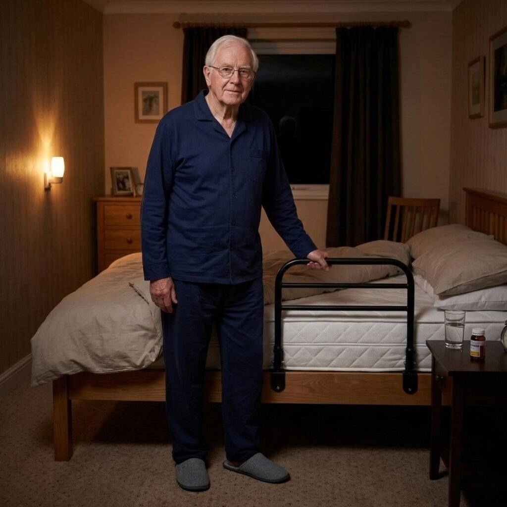 Senior man using a bed rail for support while getting out of bed at night 