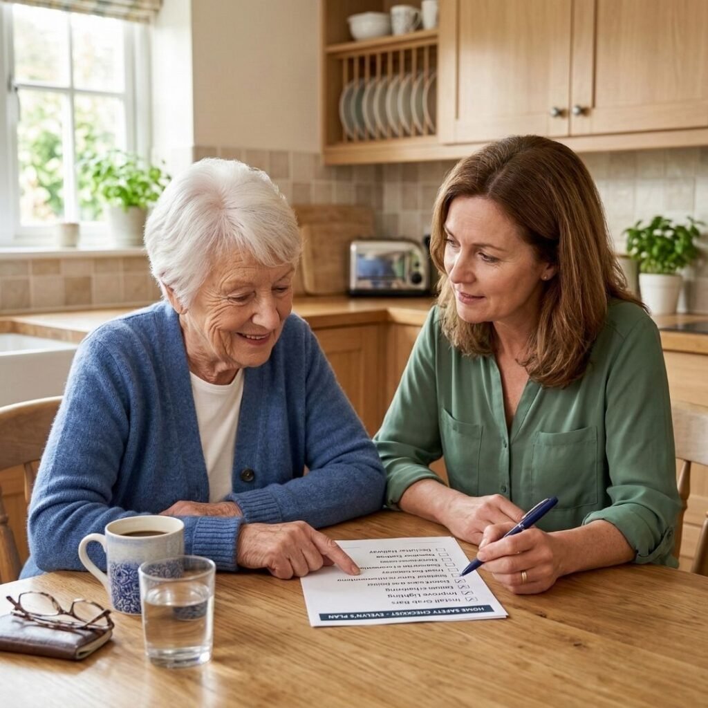 Adult daughter reviewing a fall prevention checklist with her elderly mother