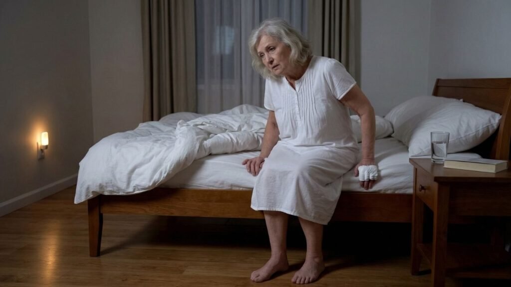 Seniors falling at night — elderly woman sitting on the edge of her bed in a dimly lit room after waking 