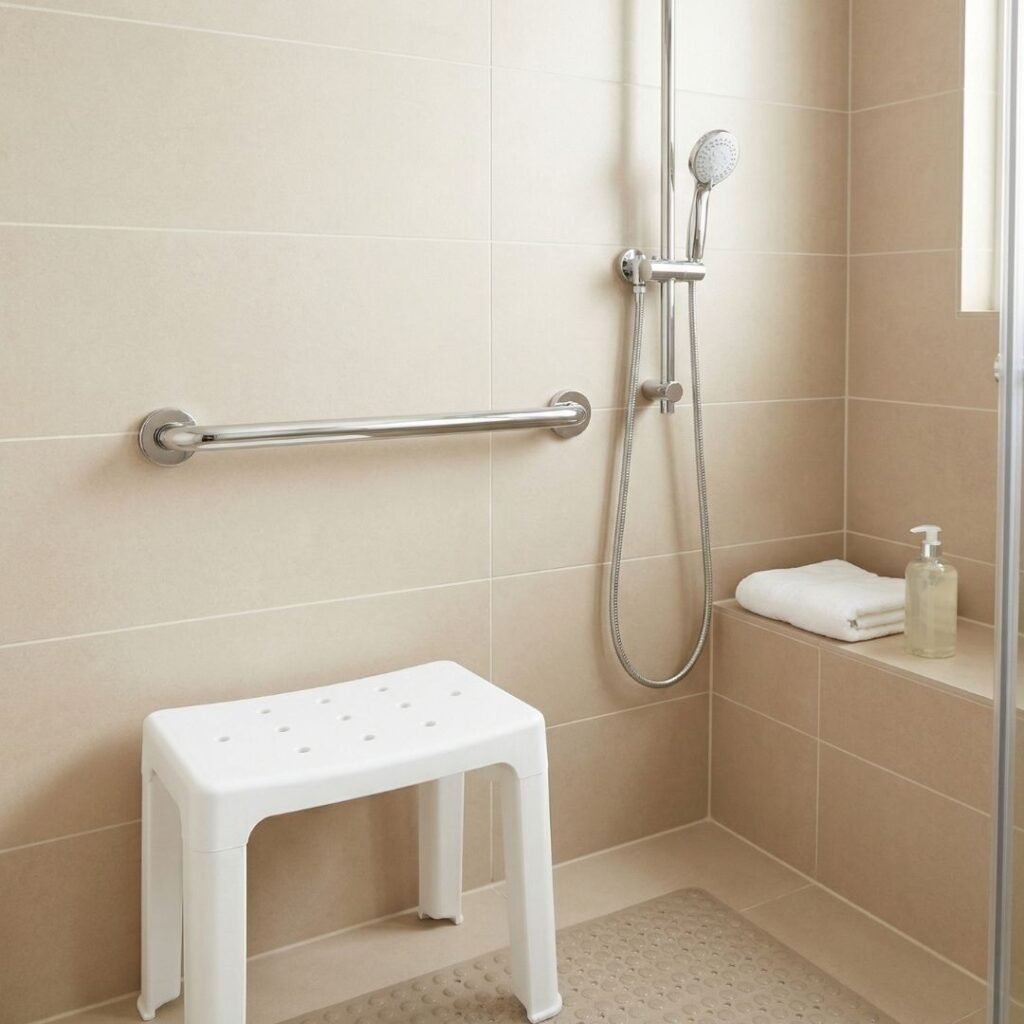 Senior-Friendly Shower Setup for Safe Bathing Assistance Safe shower setup for elderly bathing assistance with shower bench, grab bar, handheld showerhead, and non-slip mat