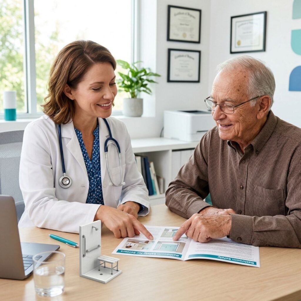 Physician discussing shower transfer bench options with a senior patient Physician discussing shower transfer bench options with a senior patient