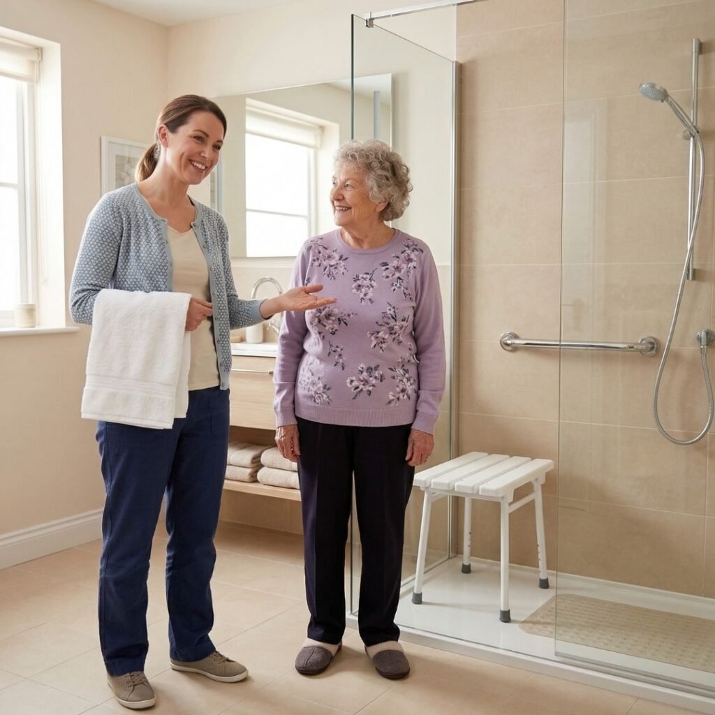 Caregiver preparing to assist an elderly woman with a safe shower at home Caregiver preparing to assist an elderly woman with a safe shower at home