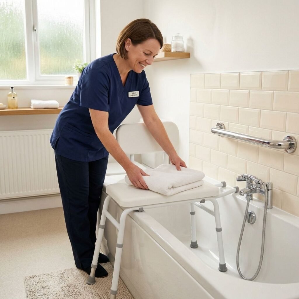 Caregiver preparing a shower transfer bench for a senior's bath Caregiver preparing a shower transfer bench for a senior's bath