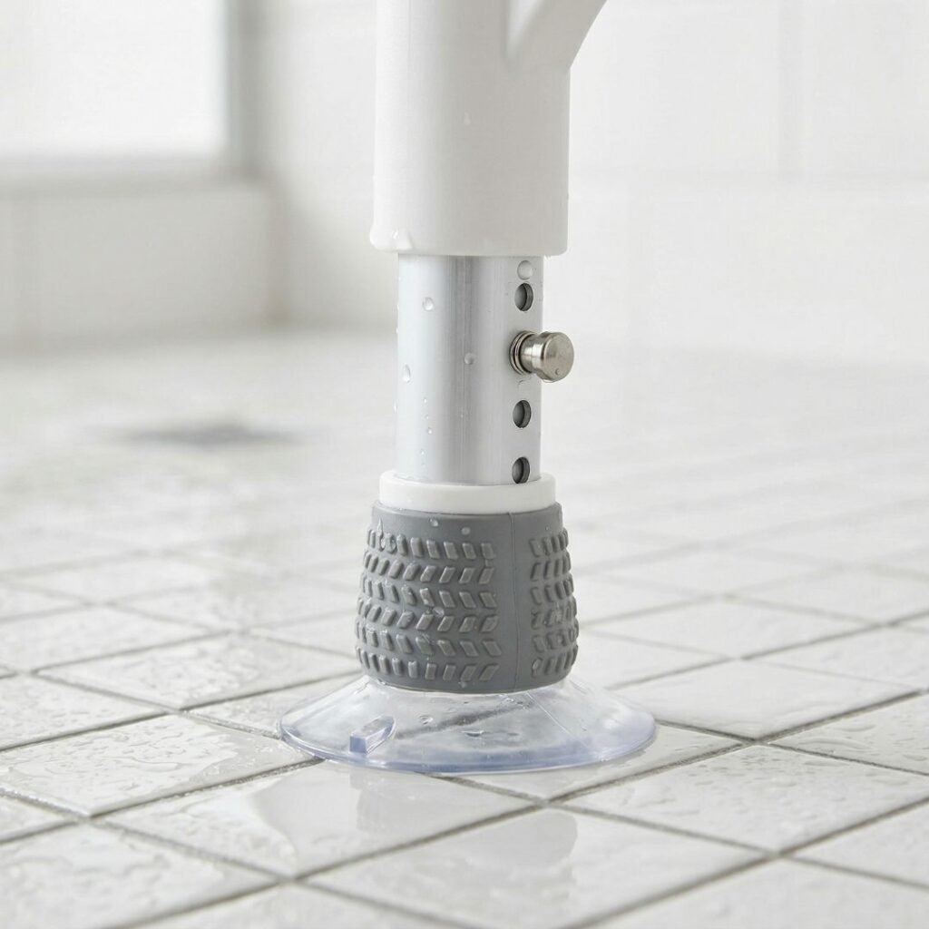Close-up of non-slip rubber tips and adjustable legs on a shower transfer bench Close-up of non-slip rubber tips and adjustable legs on a shower transfer bench