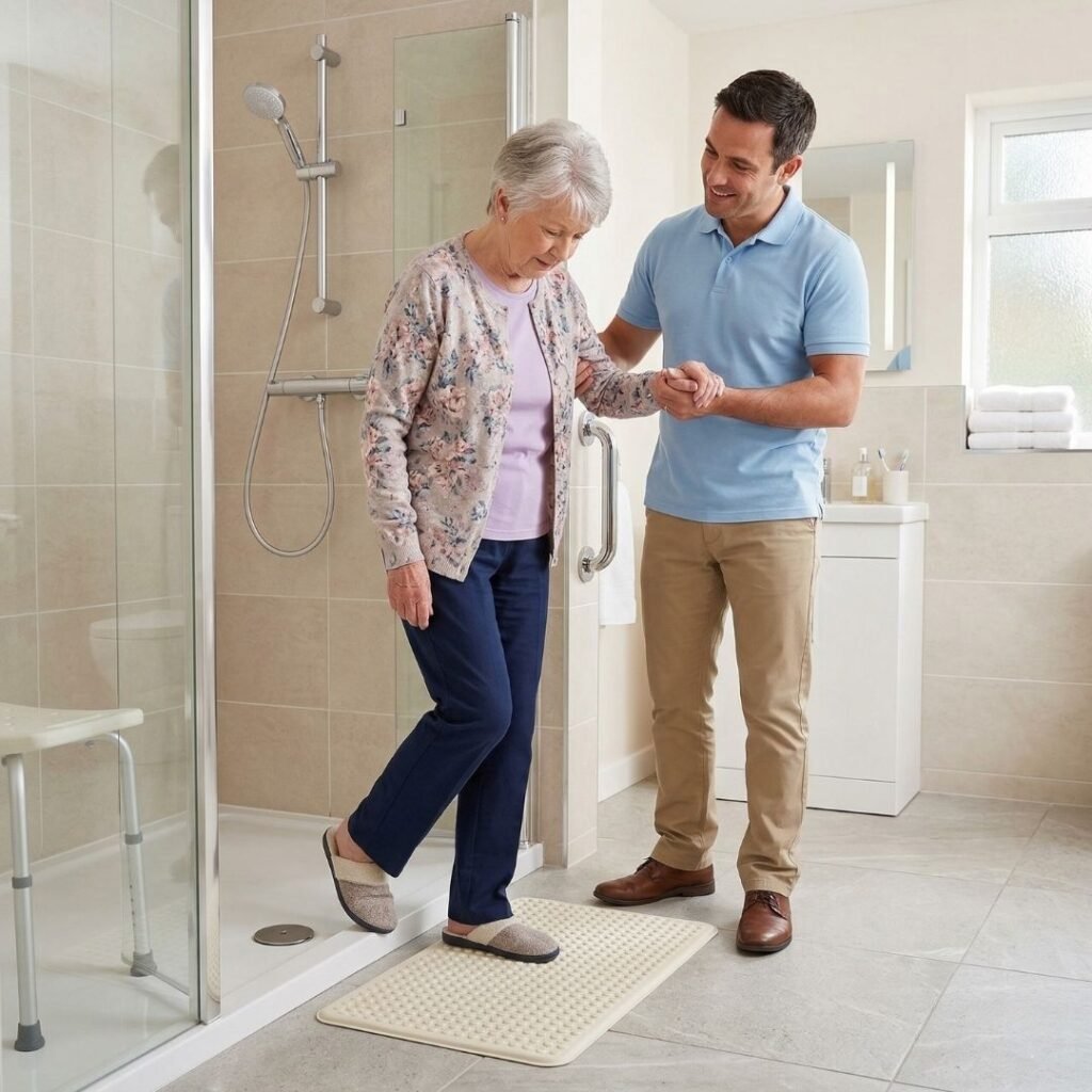 Caregiver helping an elderly woman step safely out of the shower Caregiver helping an elderly woman step safely out of the shower