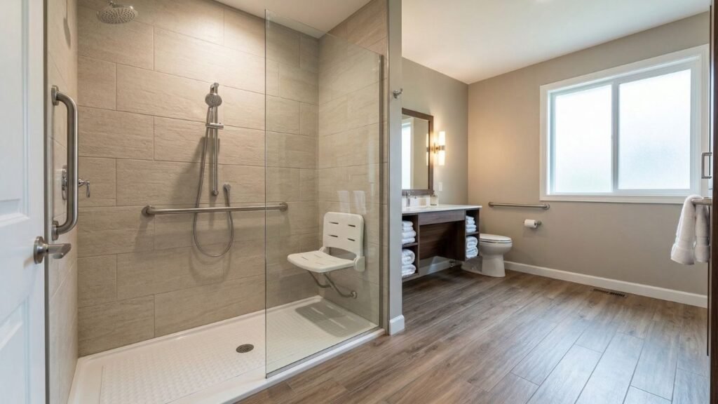 Elderly-safe bathroom with grab bars, shower bench, and handheld showerhead for shower assistance for elderly