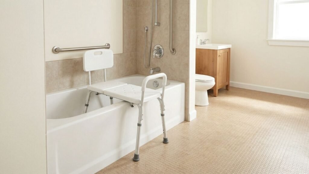 Best shower transfer bench for seniors installed across a bathtub in a bright accessible bathroom