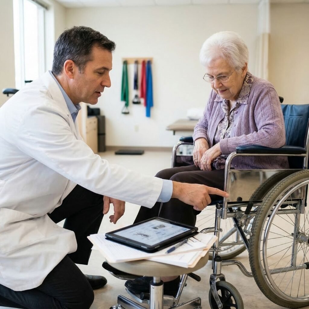 Physician advising a senior patient about wheelchair tire selection Physician advising a senior patient about wheelchair tire selection