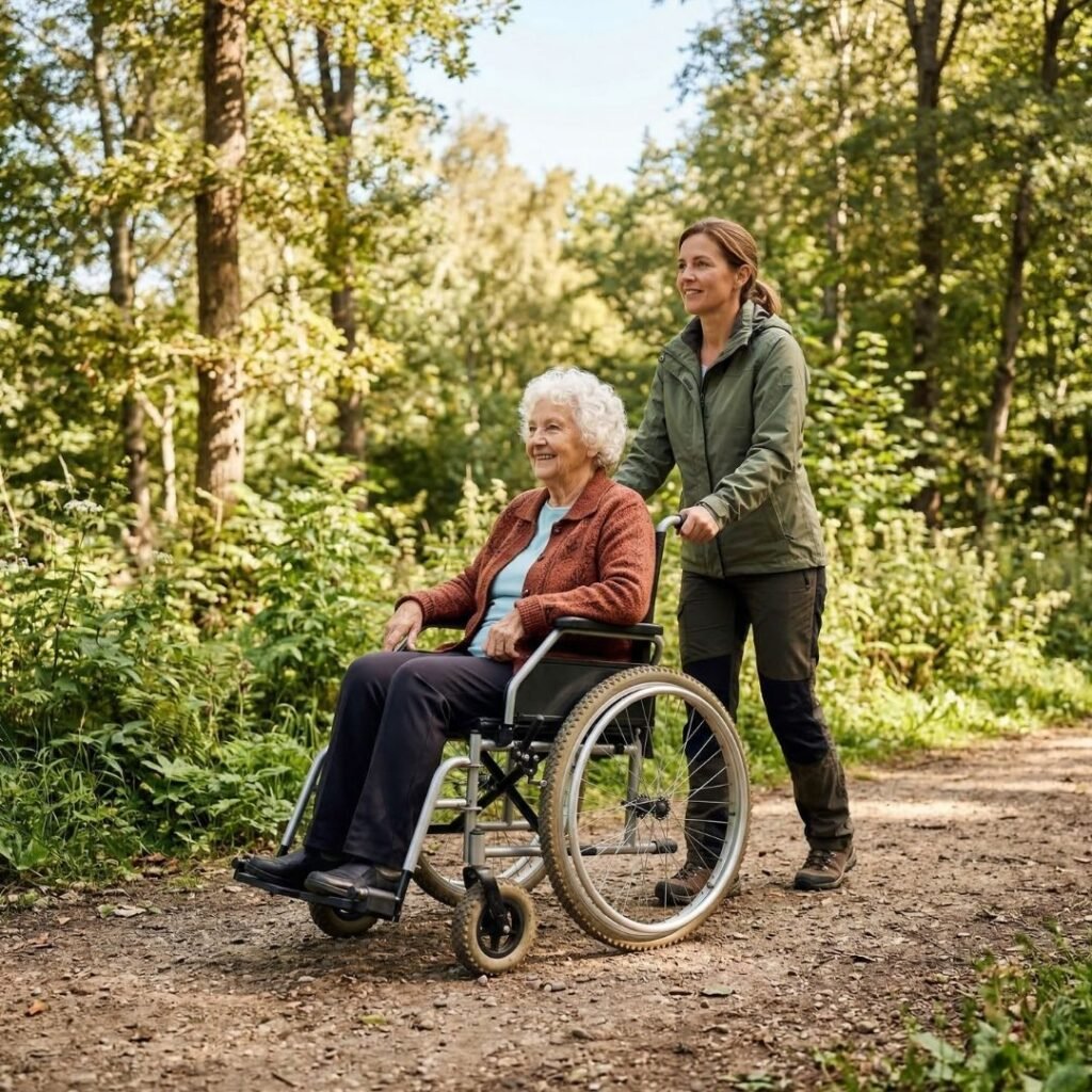 Senior woman in a wheelchair navigating an outdoor nature trail with all-terrain tires Senior woman in a wheelchair navigating an outdoor nature trail with all-terrain tires