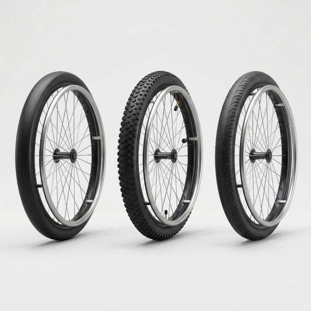 Three types of wheelchair tires compared — solid, pneumatic, and foam-filled Three types of wheelchair tires compared — solid, pneumatic, and foam-filled