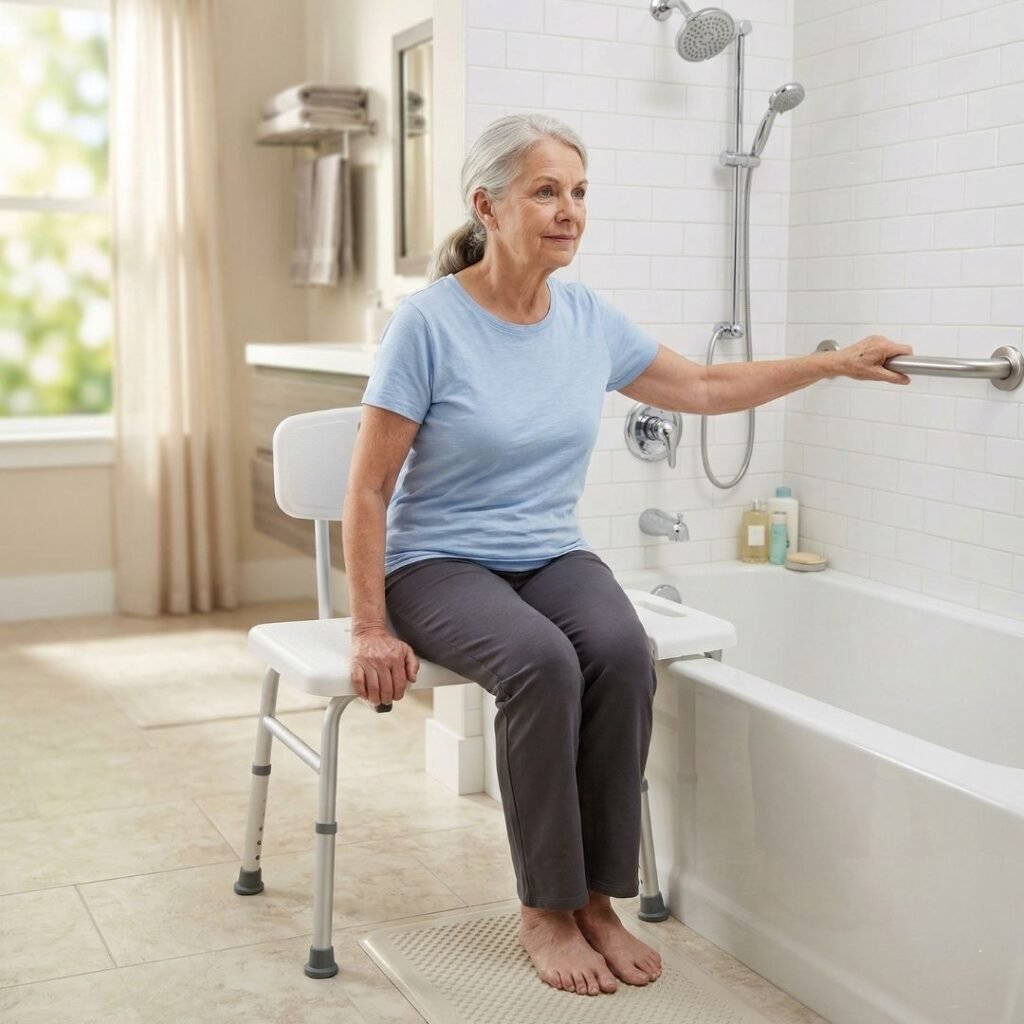 Senior woman seated on a shower transfer bench preparing to slide safely into the tub Senior woman seated on a shower transfer bench preparing to slide safely into the tub