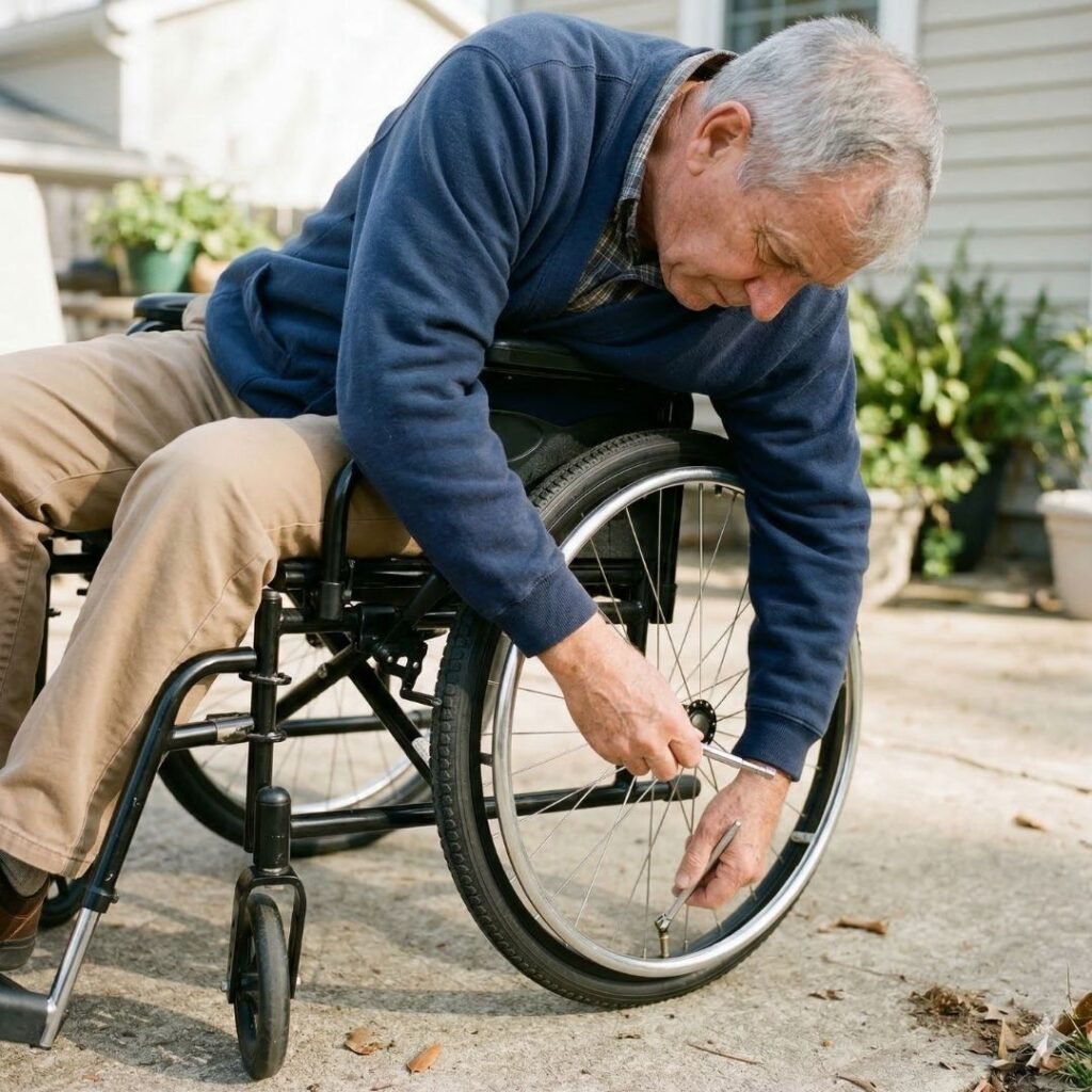 Senior checking wheelchair tire pressure with a handheld gauge before an outdoor outing Senior checking wheelchair tire pressure with a handheld gauge before an outdoor outing