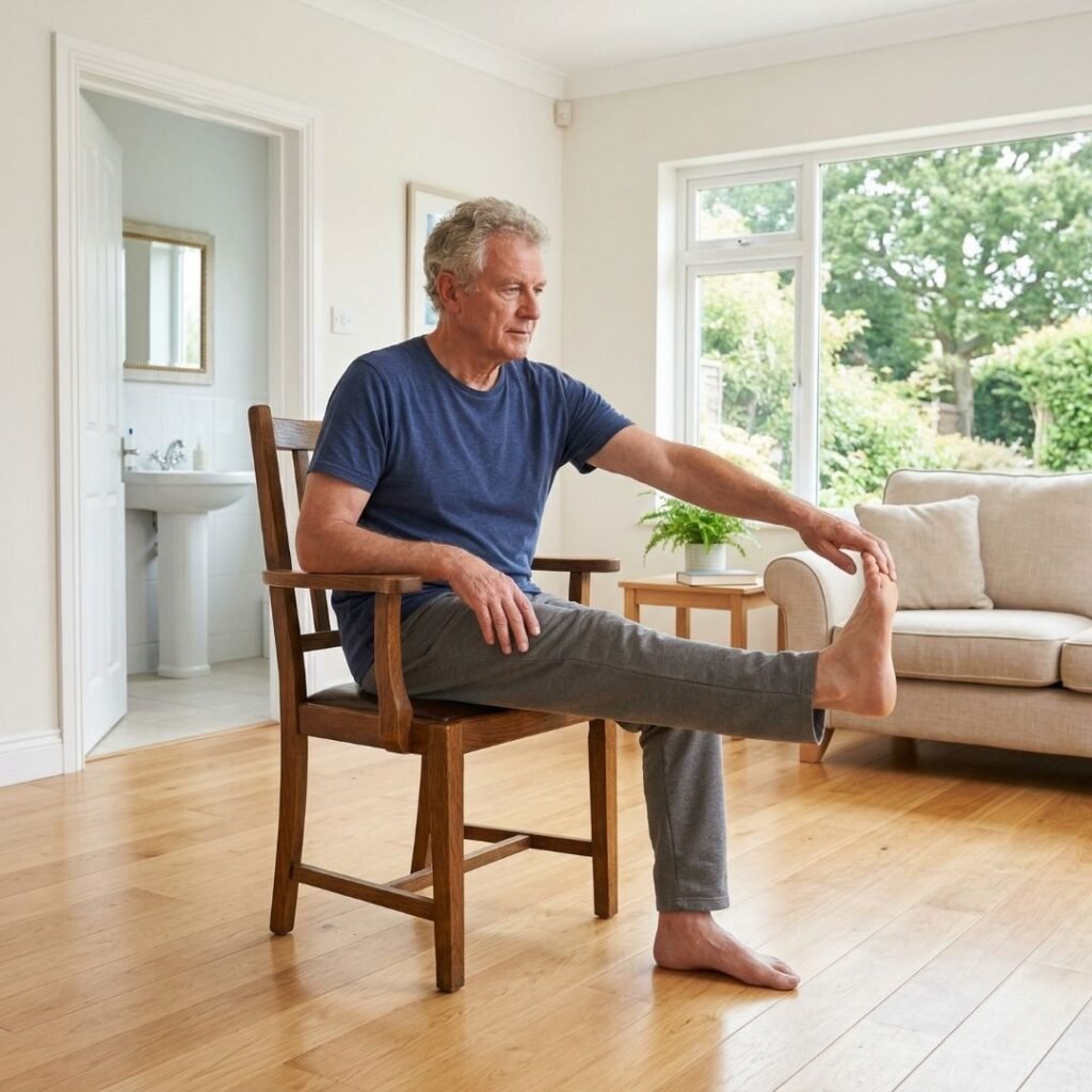 Senior doing seated leg exercises to maintain strength for safe bathroom transfers Senior doing seated leg exercises to maintain strength for safe bathroom transfers
