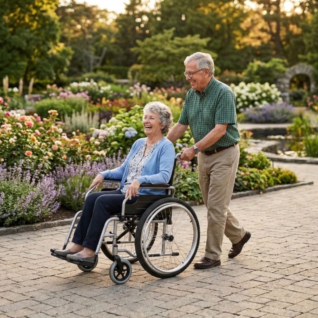 Senior couple enjoying a botanical garden outing with an outdoor wheelchair Senior couple enjoying a botanical garden outing with an outdoor wheelchair