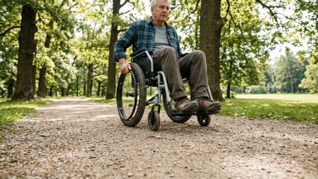 Wheelchair tires for outdoor use on a senior man navigating a gravel park path in a manual wheelchair