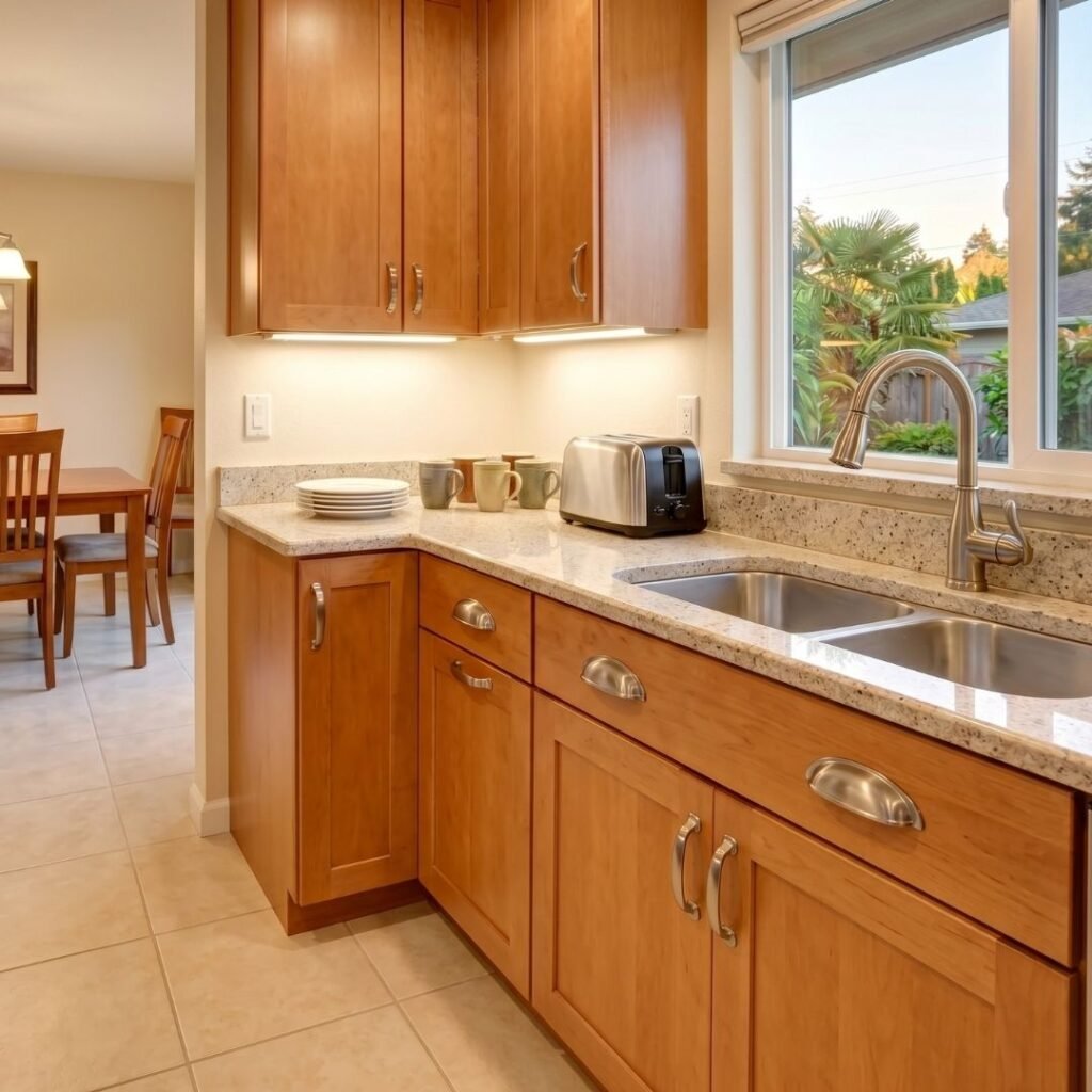 Senior-friendly kitchen with items at counter height, lever-handle faucet, and no floor clutter