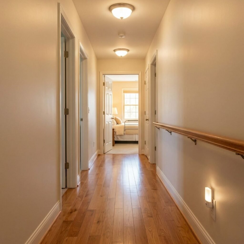 Residential hallway with grab bars, non-slip flooring, and motion-sensor night lights prepared for a senior recovering at home