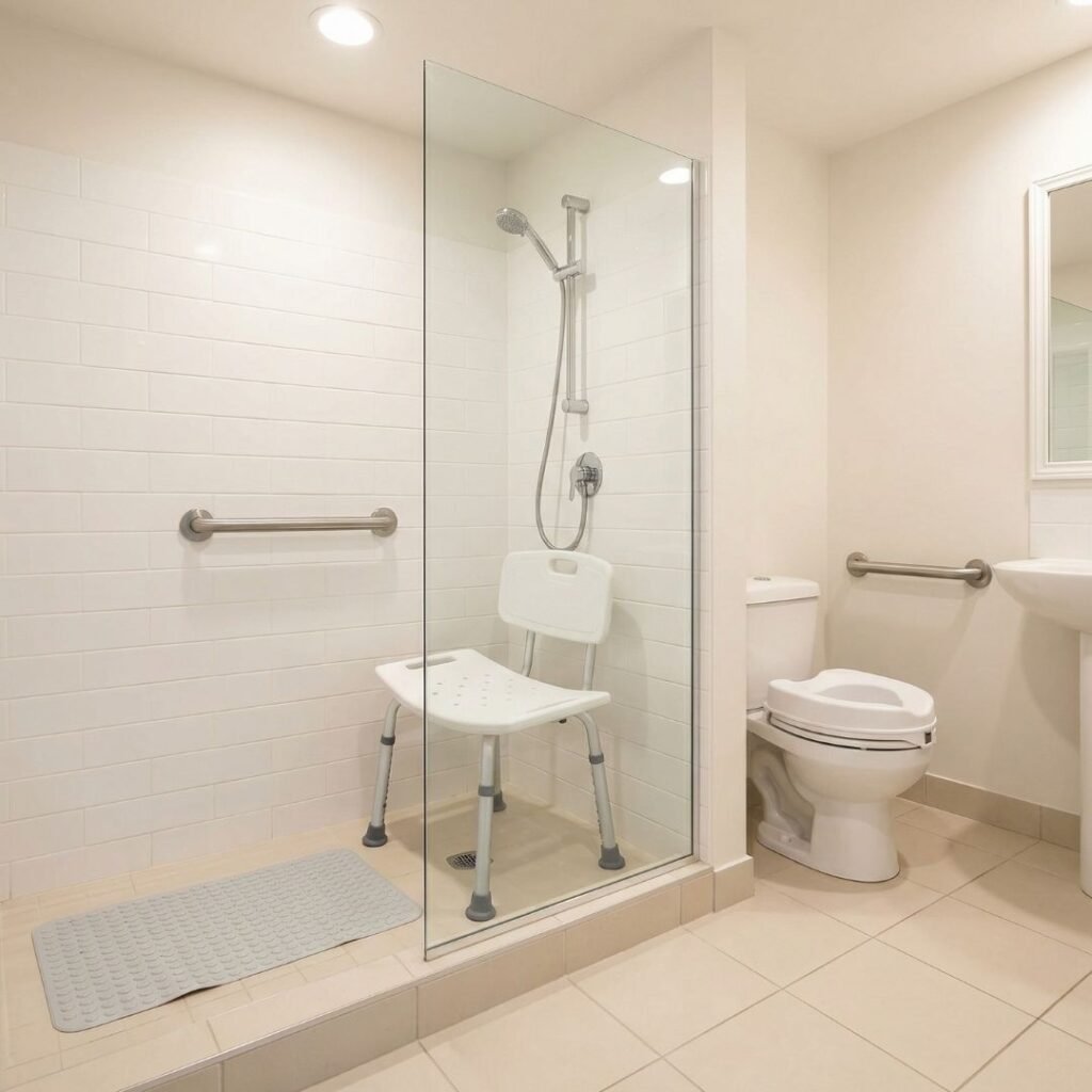 Bathroom modified for a senior returning from the hospital with grab bars, shower chair, and non-slip mat