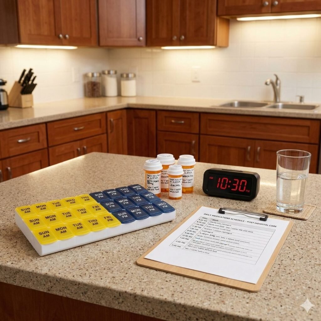 Organized medication station on a kitchen counter with pill organizer, prescription bottles, and a printed medication schedule