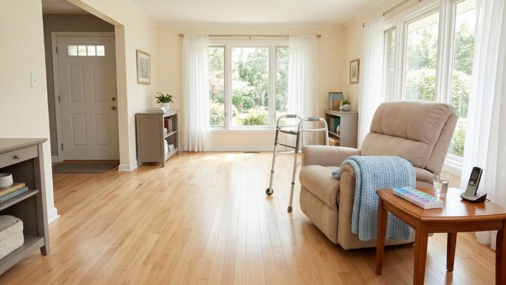 Bright, welcoming living room prepared for after hospital care for elderly with clear pathways and recovery essentials within reach
