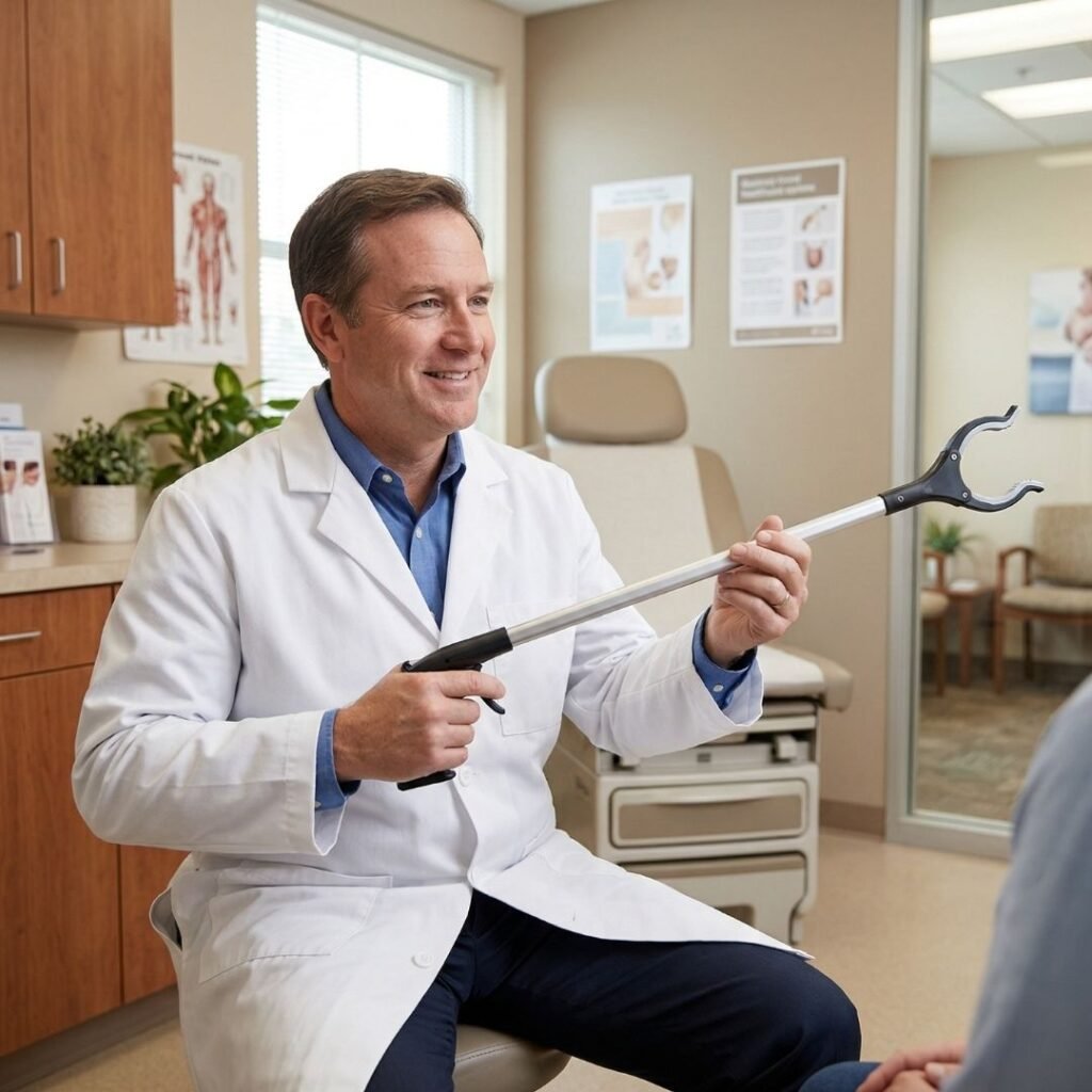 Friendly physician explaining how a senior should hold a reacher grabber tool safely