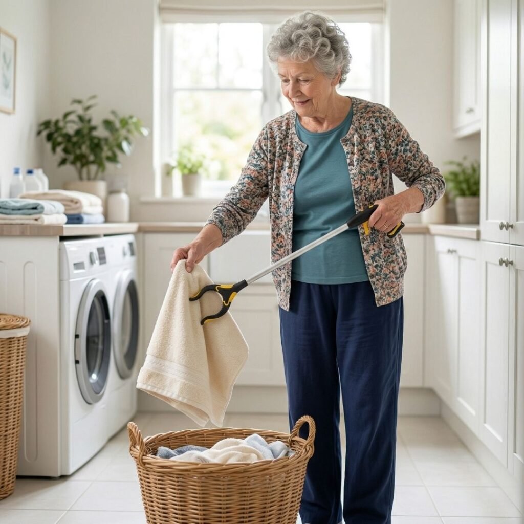 Senior comfortably picking up laundry with a long lightweight reacher grabber