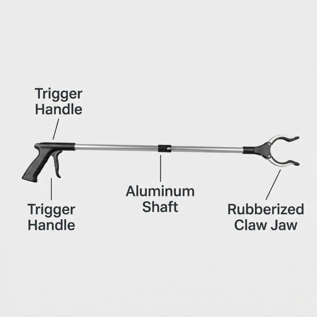 Labeled diagram of a reacher grabber showing the trigger handle, aluminum shaft, and rubberized claw jaw with text labels pointing to each part