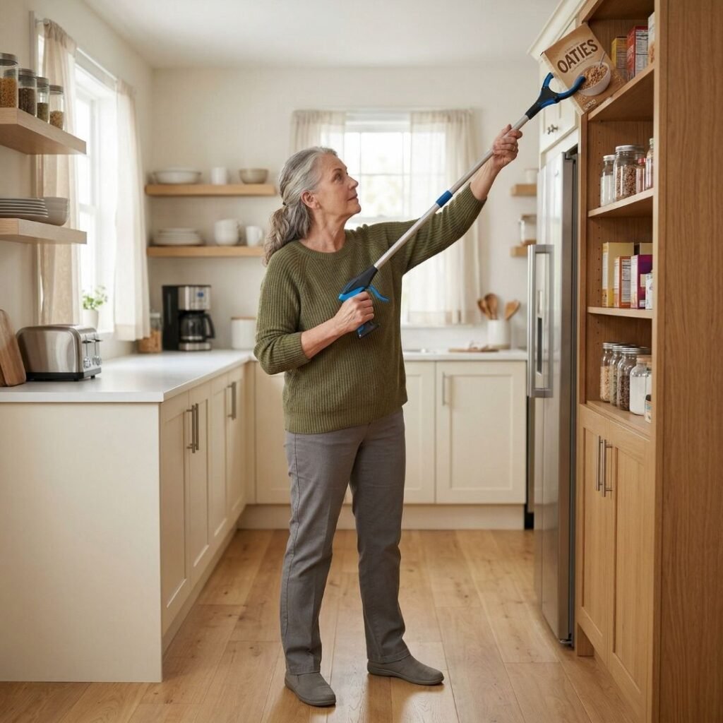  Senior using a reacher grabber instead of climbing on a step stool to retrieve a high item
