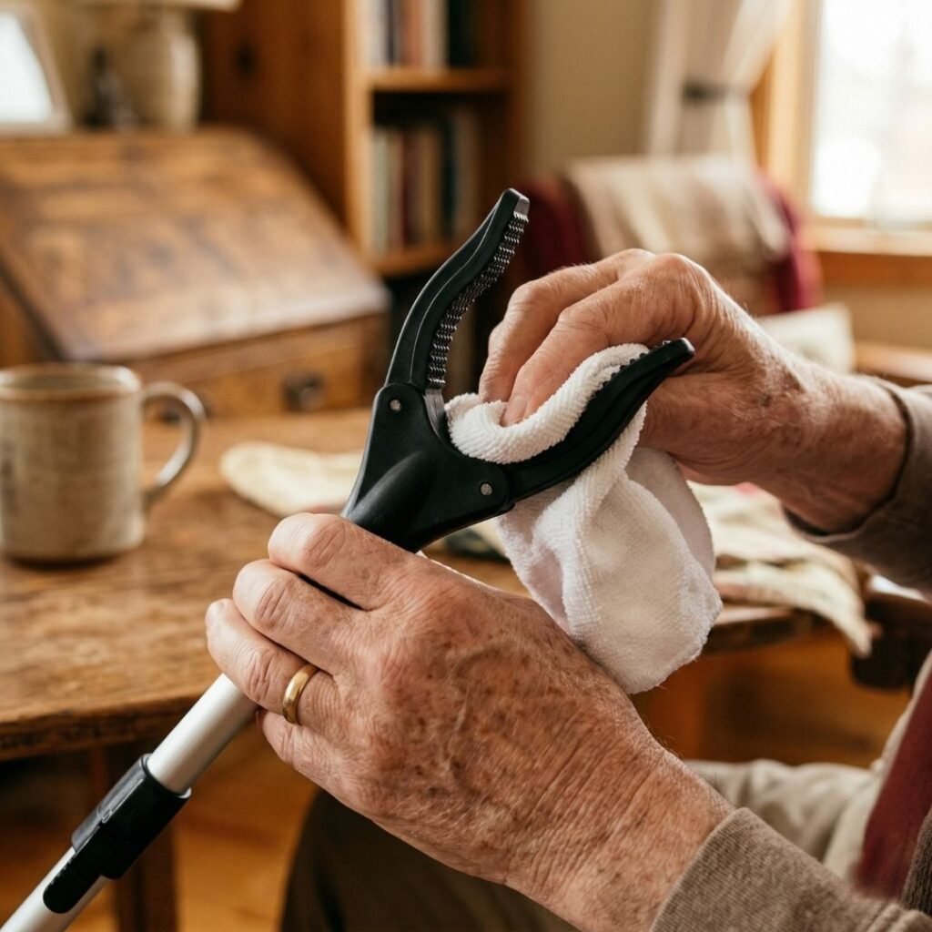 Senior cleaning a reacher grabber tool with a soft cloth for long-term care
