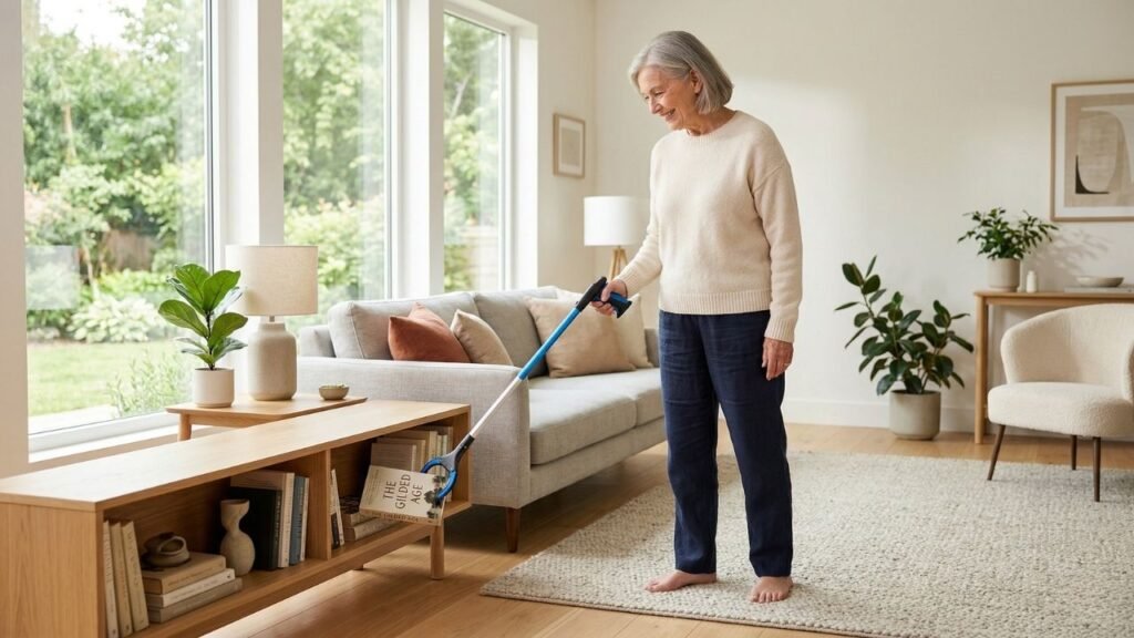 Senior using one of the best reachers and grabbers for seniors to pick up an item from a low shelf without bending 