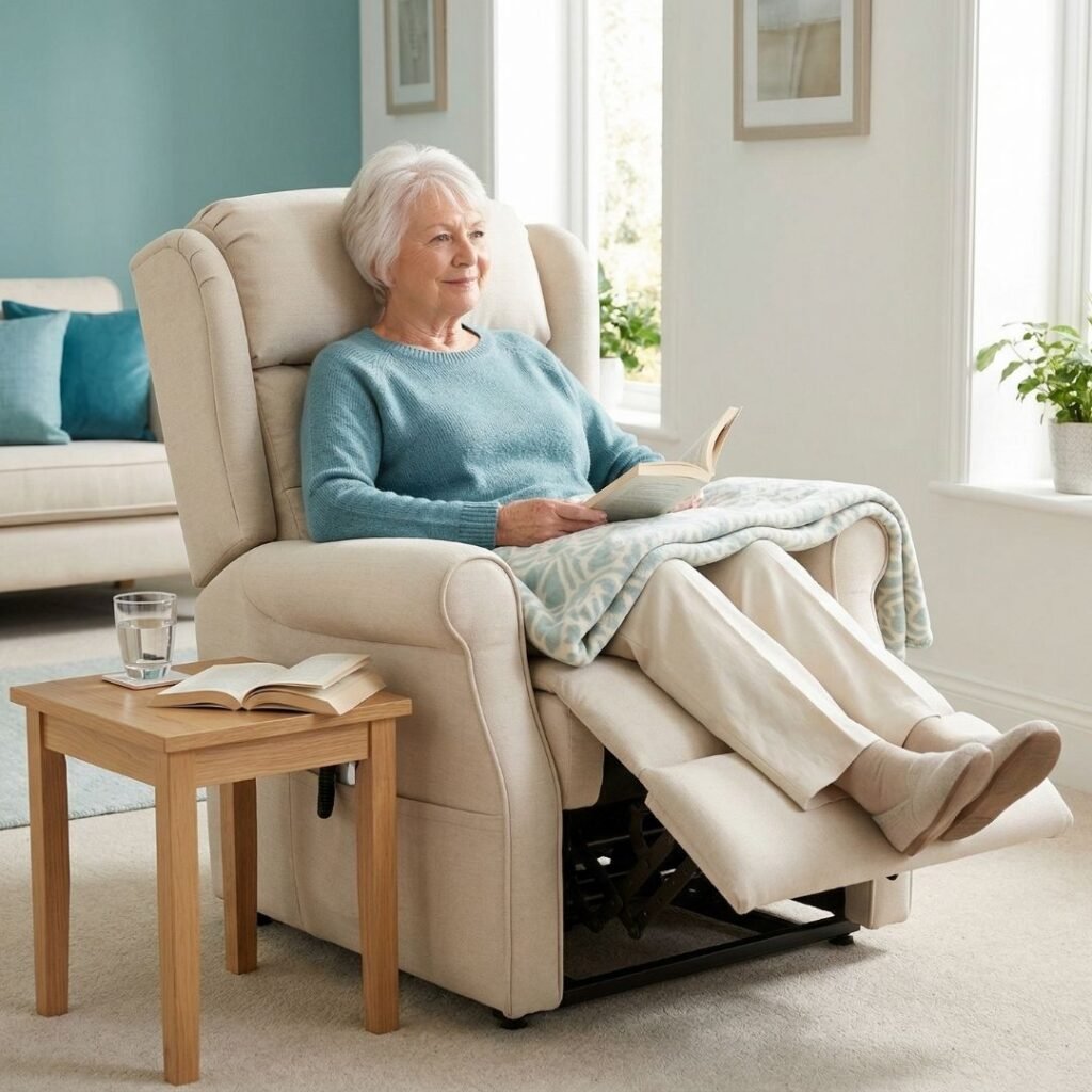 Recovery Recliner Supporting Post-Surgery Healing Senior woman sitting comfortably in a recliner with her legs elevated during post-surgery recovery at home