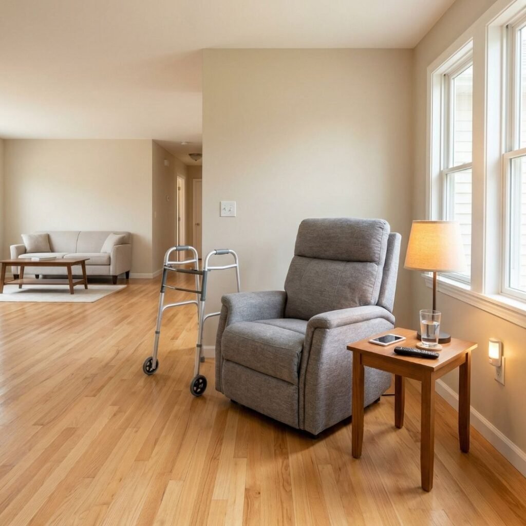 Safe Recliner Placement for Post-Surgery Recovery at Home Living room with a recliner positioned with clear pathways and a walker nearby for safe post-surgery navigation