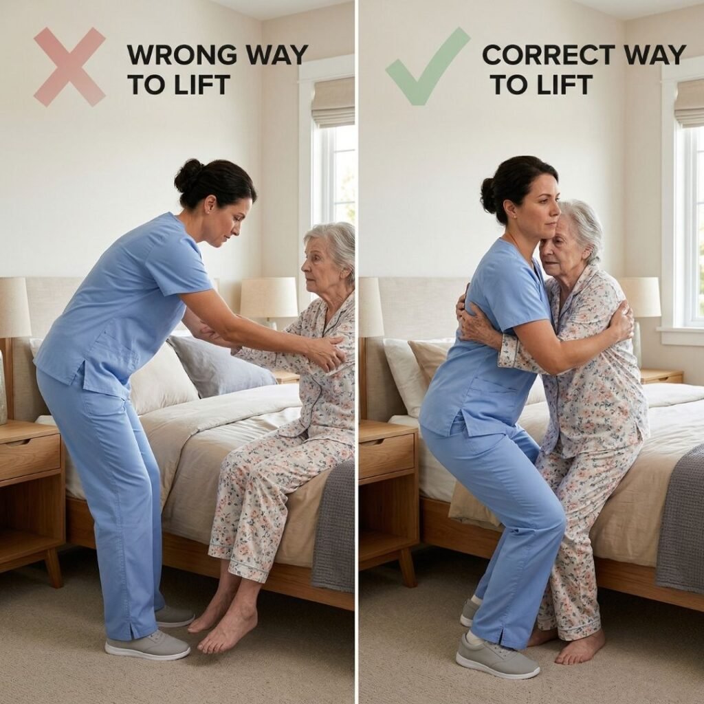 Side-by-side comparison showing incorrect bent-back lifting posture versus correct bent-knee lifting posture for caregivers