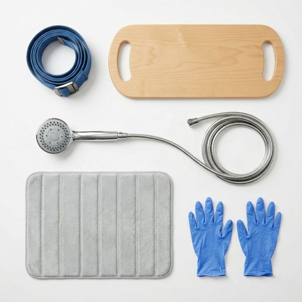 Collection of caregiver assistive devices including a gait belt, transfer board, and shower chair arranged on a clean surface