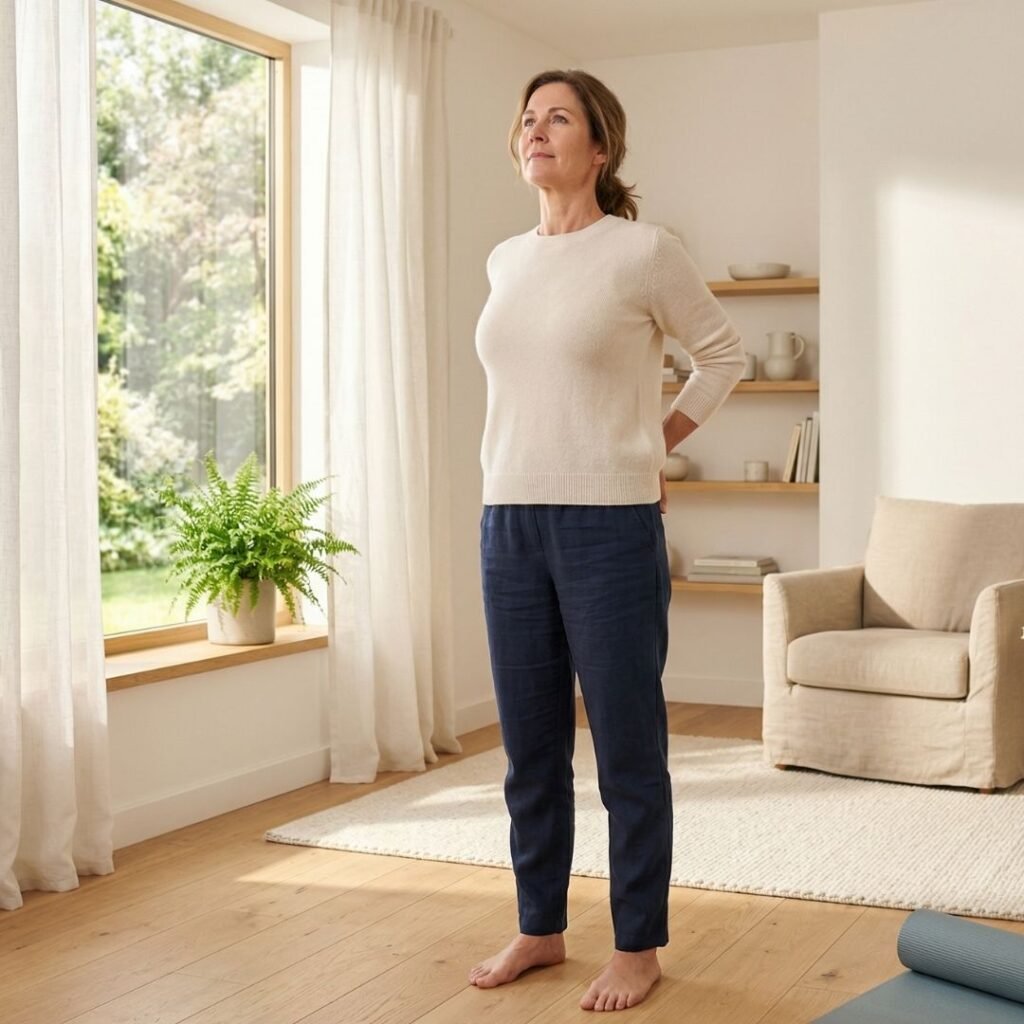 Caregiver stretching their back and shoulders in a bright room as part of a daily self-care routine