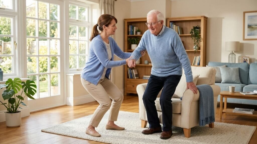 Caregiver injury prevention — caregiver using proper body mechanics while assisting an elderly person from a chair in a bright living room