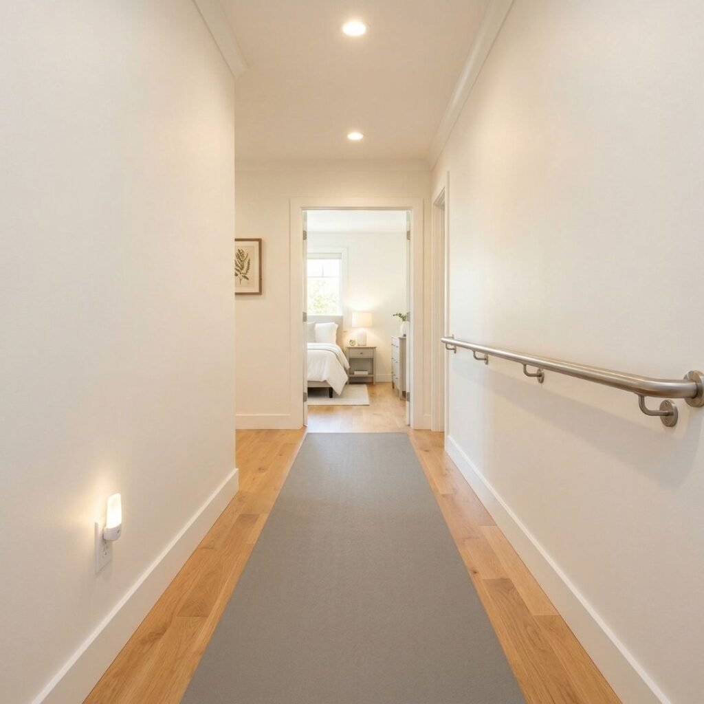 Senior's hallway with a wall-mounted grab bar and non-slip runner showing clear walking path