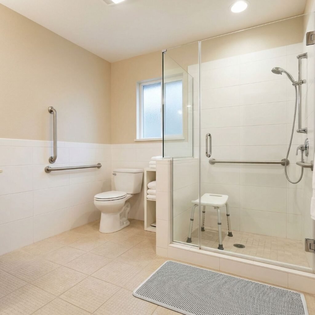 Bathroom with chrome grab bars beside the toilet and inside the shower area for senior fall prevention
