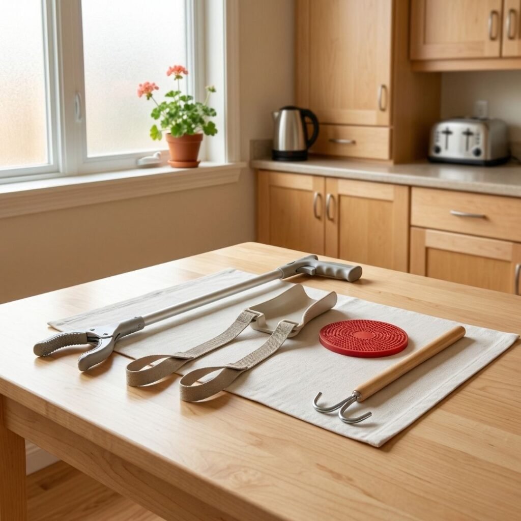 Collection of daily living aids including a long-handled reacher, sock aid, and rubber jar opener on a kitchen table