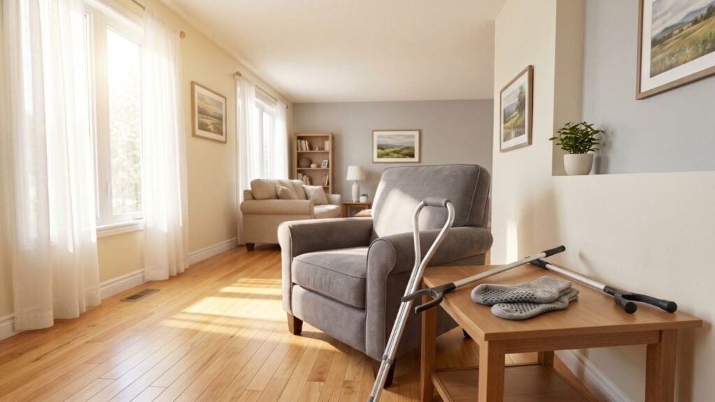 Bright living room with fall prevention aids for seniors including a folding cane, reacher tool, and non-slip slipper socks arranged on a side table