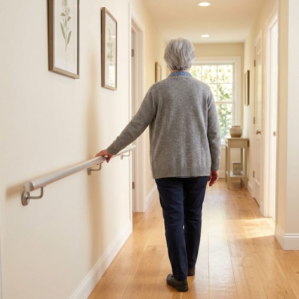 Senior woman walking down a hallway and using a wall-mounted handrail for balance support